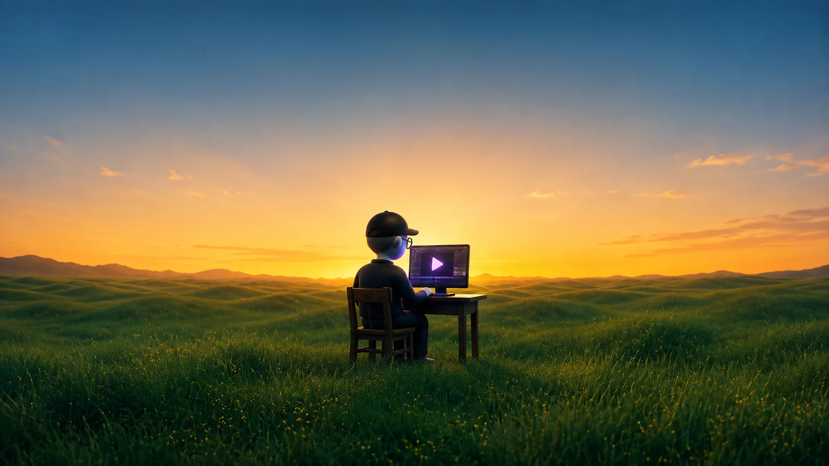 Editor trabajando frente a un monitor en un paisaje