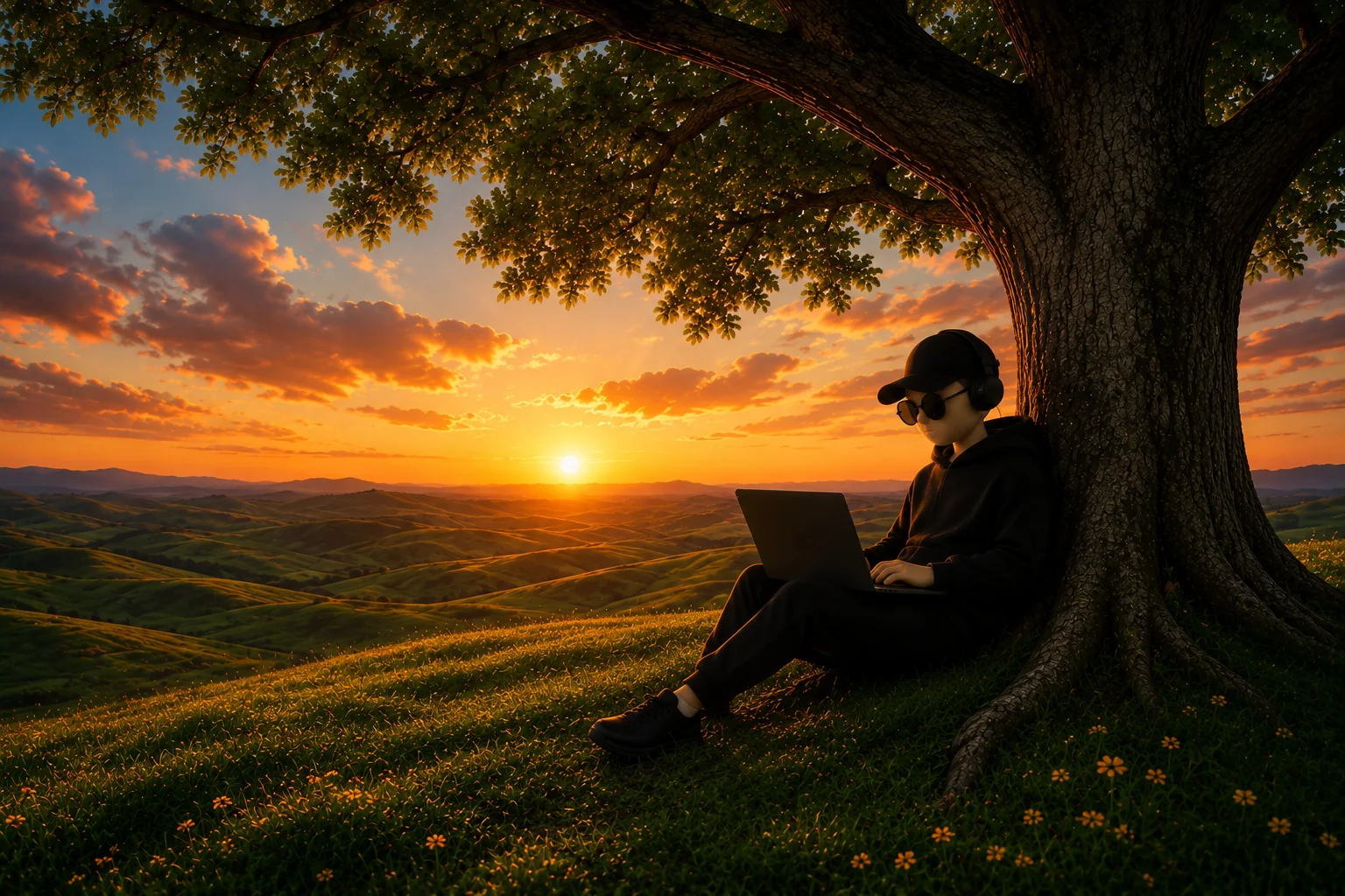 Creador trabajando con una laptop bajo un árbol