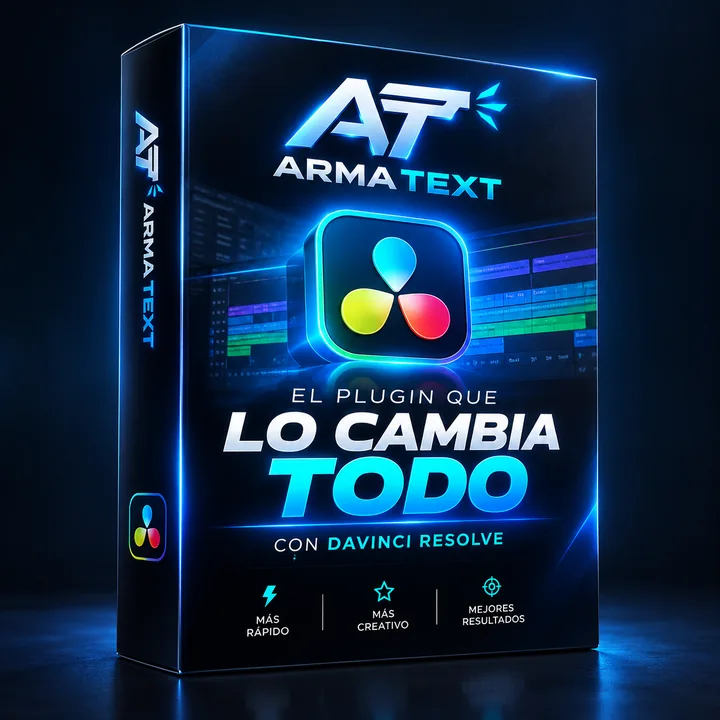 Presentación de Arma Text para DaVinci Resolve, con su caja e identidad en azul